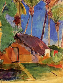 保羅 高更 Thatched Hut under Palm Trees